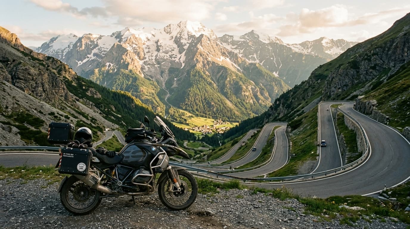 Motorrad auf kurvenreicher Alpenstraße vor Bergpanorama